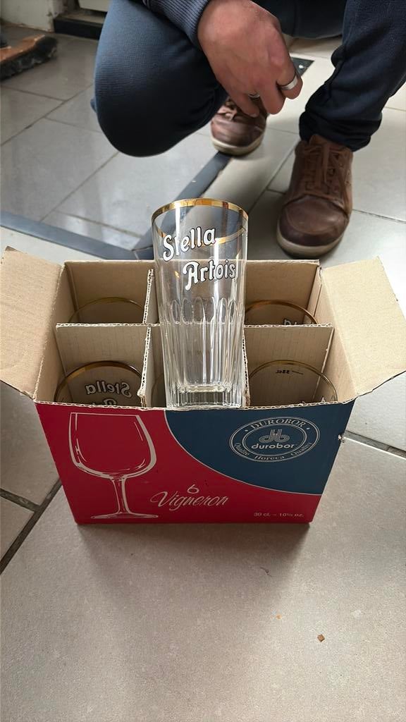 7 oude emaille glazen stella artois 33cl, Enlèvement, Utilisé, Verre ou Verres, Stella Artois