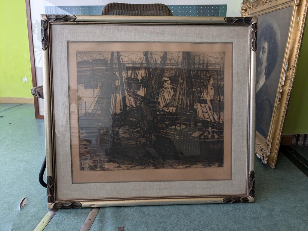 Auguste Oleffe - ets - boten - prachtige houten kader, Ophalen of Verzenden