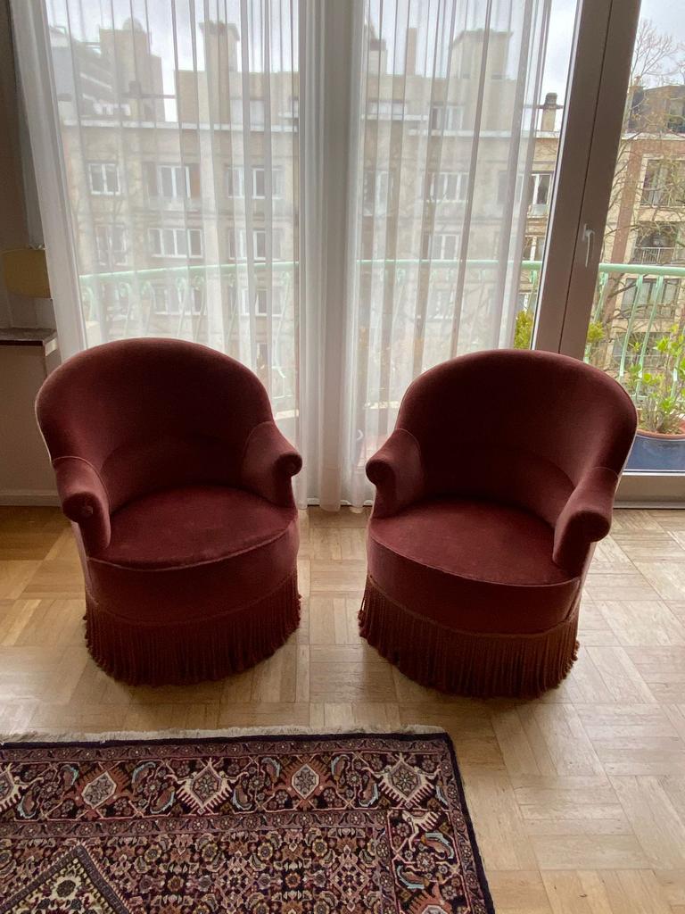 Duo de fauteuils vintage en velours rose avec franges, Maison & Meubles, Fauteuils, Utilisé, Enlèvement