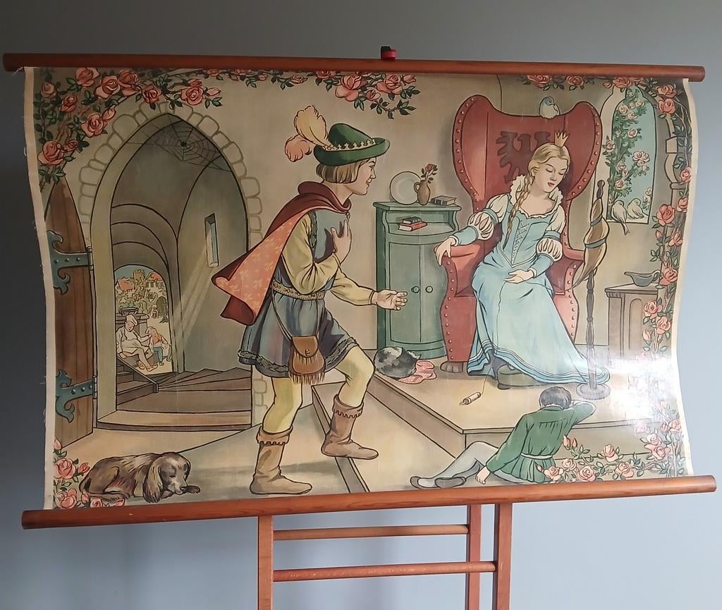 Oude schoolkaart "Doornroosje"., Antiek en Kunst, Antiek | Schoolplaten, Ophalen