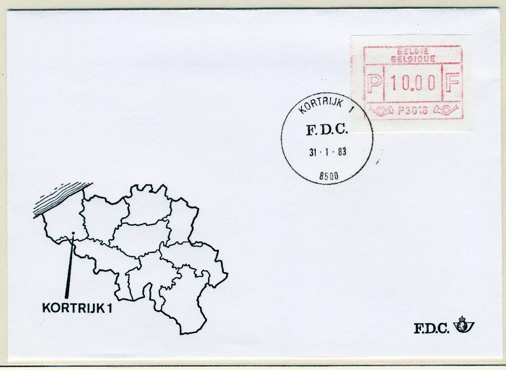 (B) ATM16 FDC Envelop 1983 - Kortrijk 1 (P3016), Met envelop, Ophalen of Verzenden, Gestempeld, 1e dag stempel