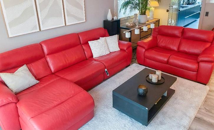 Canapé cuir rouge haut de gamme 6 places - relax électrique, Maison & Meubles, Canapés | Salons, Comme neuf, Cuir, Enlèvement