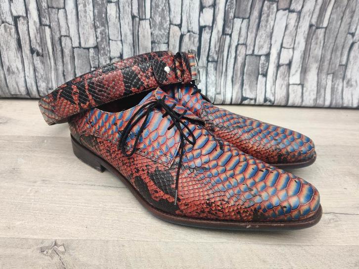 Floris van Bommel Blauw/Rode croco schoenen + riem - Mt 44,5, Kleding | Heren, Schoenen, Zo goed als nieuw, Veterschoenen, Overige kleuren