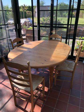 Grenen tafel en 4 stoelen, Enlèvement, Comme neuf, 4 à 6 chaises