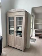 Massief eiken antieke vitrinekast met geslepen glas, Ophalen, Met plank(en), Gebruikt, 200 cm of meer