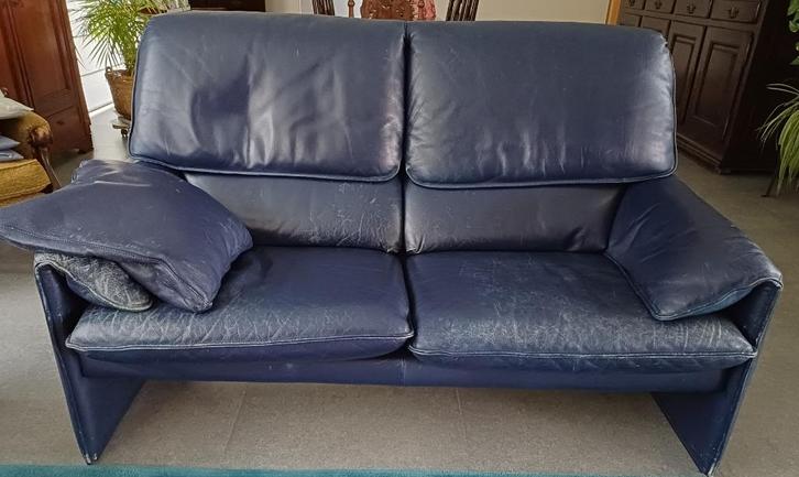 Lederen salon, donkerblauw, 2-zit en 3-zit, Huis en Inrichting, Zetels | Complete zithoeken, Gebruikt, Leer, Ophalen