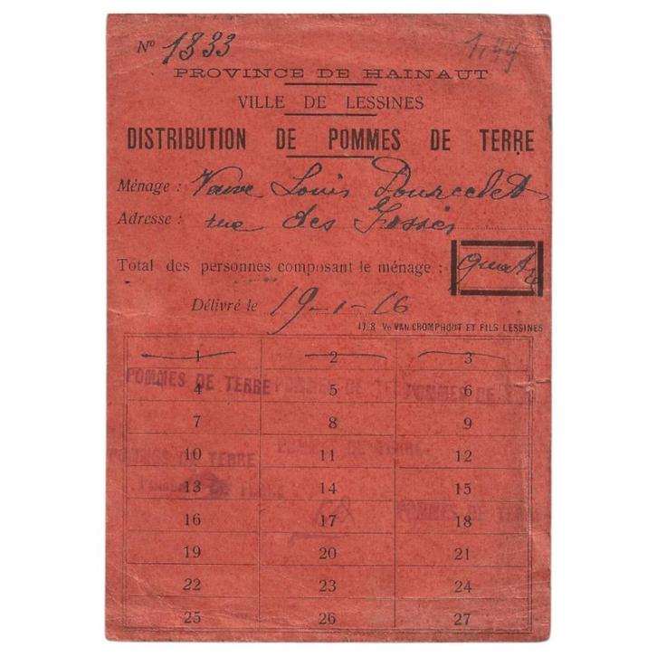 Province de Hainaut - rantsoenkaart aardappelen - 1916, Verzamelen, Militaria | Algemeen, Overige soorten, Overige typen, Ophalen of Verzenden