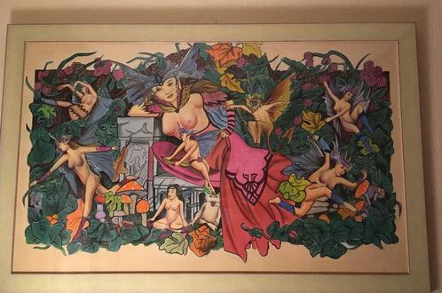 Origineel schilderij op Indische zijde., Huis en Inrichting, Woonaccessoires | Schilderijen, Tekeningen en Foto's, Gebruikt, Schilderij