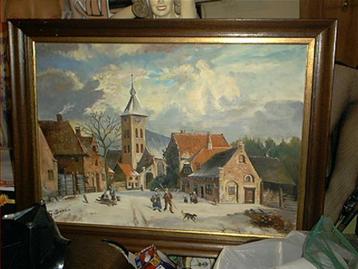 Schilderij G Borre dorpszicht in de sneeuw olieverf beschikbaar voor biedingen