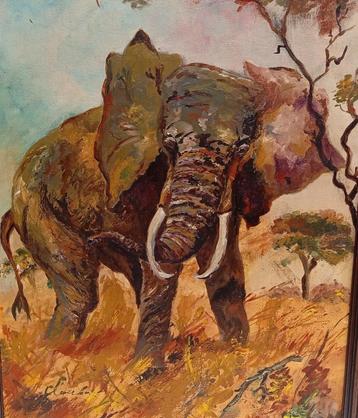 schilderij gesigneerd beeld olifant beschikbaar voor biedingen
