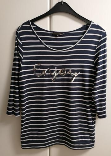 Blauw/wit gestreepte T-shirt met 3/4 mouwen "ENJOY", M