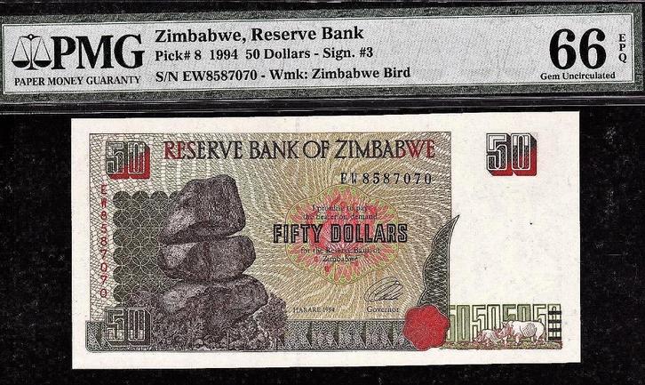 Zimbabwe 50 Dollars - 1994 - Pick # 8 - PMG 66 EPQ  Gem Unc., Postzegels en Munten, Bankbiljetten | Afrika, Zimbabwe, Ophalen of Verzenden