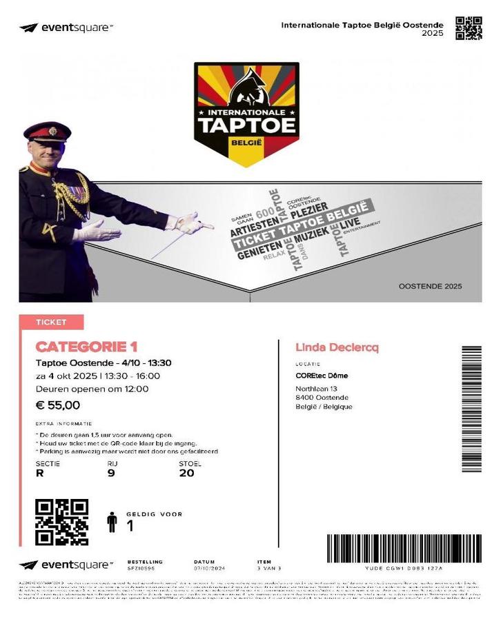 Ticket voor Taptoe Oostende 04.10, Tickets en Kaartjes, Concerten | Overige, Eén persoon