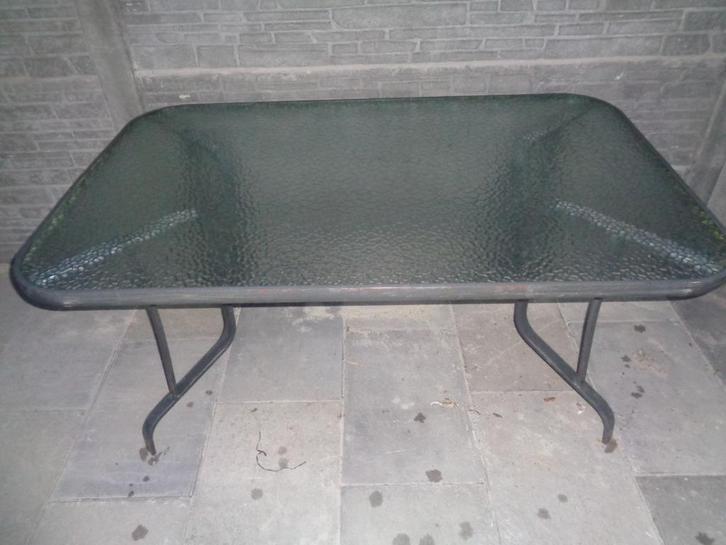 Metalen tafel Bois Le Duc met gehamerd glas en metalen poten, Tuin en Terras, Tuintafels, Gebruikt, Rechthoekig, Metaal, Ophalen