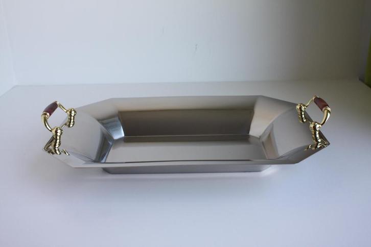 Inox tray met vergulde handvaten – merk Pierfranco Gnali, Huis en Inrichting, Keuken | Servies, Zo goed als nieuw, Schaal of Schalen