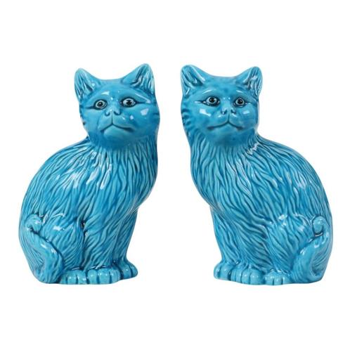Koppel Blauw Geglazuurde Poezen Beelden Chinees Keramiek, Verzamelen, Beelden en Beeldjes, Gebruikt, Dier, Ophalen of Verzenden