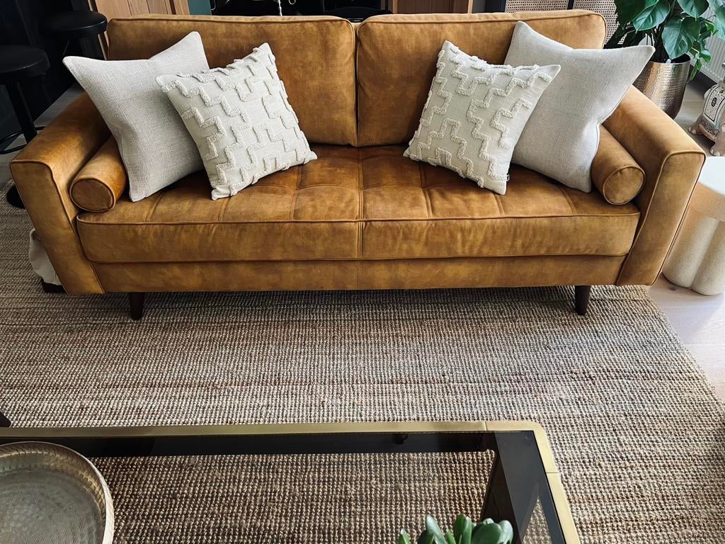 Zetel met poef oker fluweel, Ophalen, Zo goed als nieuw