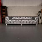 Hauxley 3-Zits Classic Chesterfield Bank – Zilver, Leer, Ophalen