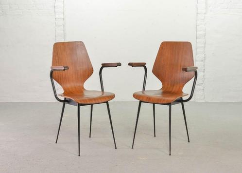 Set vintage design minimalistische stoelen Carlo Ratti stijl, Huis en Inrichting, Stoelen, Gebruikt, Twee, Hout, Metaal, Bruin