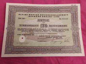 Antiquarisch aandeel, Alpin Montan, Hermann Göring,Linz 1939 beschikbaar voor biedingen