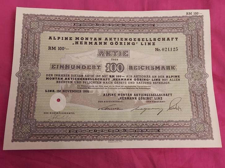 Antiquarisch aandeel, Alpin Montan, Hermann Göring,Linz 1939, Verzamelen, Militaria | Tweede Wereldoorlog, Overige soorten, Overige typen