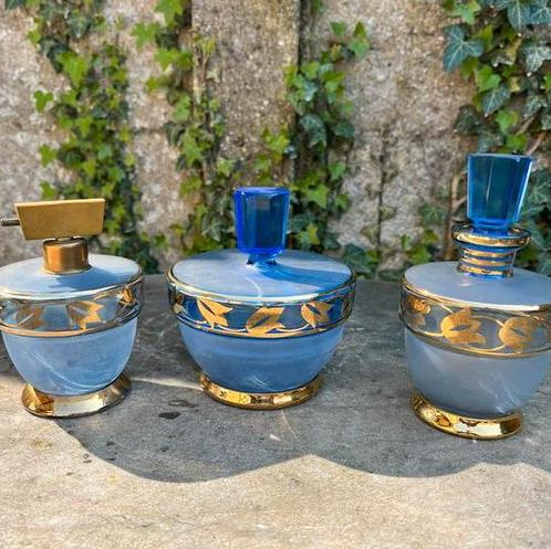 3 stuks parfumset blauw en verguld glas Tsjecho-Slowakije, Antiek en Kunst, Antiek | Glaswerk en Kristal, Ophalen of Verzenden