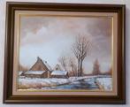 Olieverf schilderij : hoeve langs beek winterlandschap, Ophalen of Verzenden