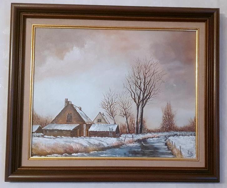 Olieverf schilderij : hoeve langs beek winterlandschap, Antiek en Kunst, Kunst | Schilderijen | Klassiek, Ophalen of Verzenden