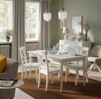 Landelijke witte uitschuifbare tafel 6 witte houte stoelen, Huis en Inrichting, Tafels | Eettafels, Ophalen, Zo goed als nieuw