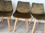 Complete set: 4 olijfgroene fluwelen eetkamerstoelen +  poef, Huis en Inrichting, Ophalen, Zo goed als nieuw, Stof, Vier