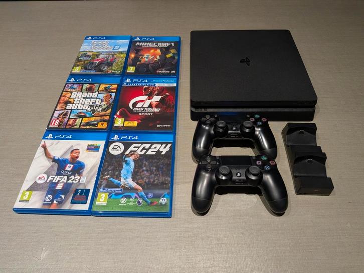 PS4 slim + 2 controllers+ 6 games, Games en Spelcomputers, Spelcomputers | Sony PlayStation 4, Gebruikt, Slim, 1 TB, Met 2 controllers
