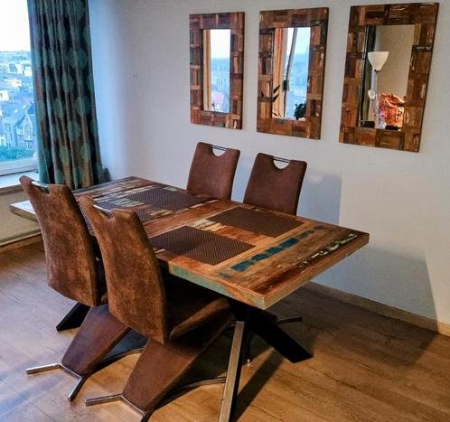Eetkamer set – massief gerecycled hout + 4 stoelen., Huis en Inrichting, Complete eetkamers, Zo goed als nieuw, Ophalen