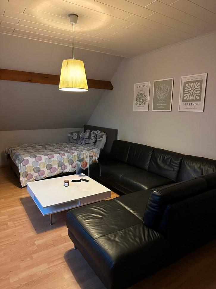 Zwarte leren zetel, Huis en Inrichting, Zetels | Zetels, Gebruikt, Hoekbank, Vierpersoons of meer, Leer, Ophalen