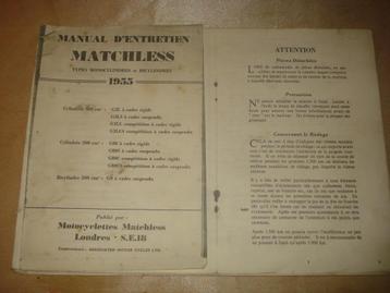 MATCHLESS 1955 Ancien Manuel d'Entretien 350 cc & 500 cc, Motoren, Handleidingen en Instructieboekjes, Ophalen of Verzenden, Overige merken