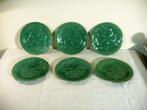 Zes  antieke groene barbotine bordjes, Antiek en Kunst, Antiek | Keramiek en Aardewerk, Ophalen of Verzenden