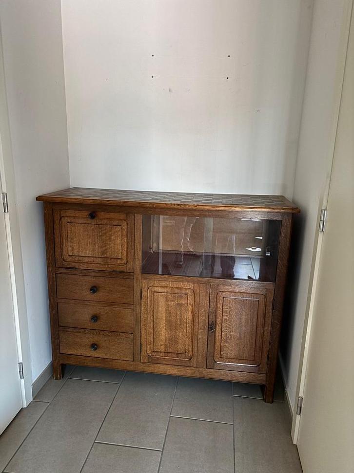 Armoire vintage en bois - vitrine - motif de blocs unique, Maison & Meubles, Armoires | Buffets, Utilisé, 100 à 150 cm, 100 à 150 cm