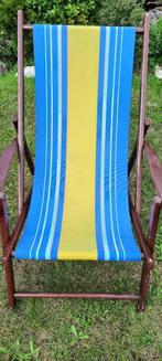 Antieke houten strandstoel met armleuningen en gevoerd canva, Gebruikt, Hout, Ophalen, Verstelbaar