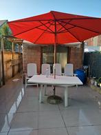 Tuin tafel met 4 stoelen + parasol, Tuin en Terras, Ophalen, Zo goed als nieuw