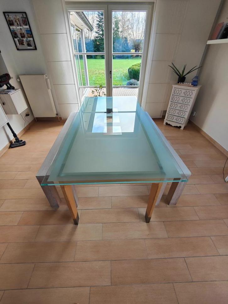 glazen eettafel, Huis en Inrichting, Tafels | Eettafels, Zo goed als nieuw, 50 tot 100 cm, 200 cm of meer, Vijf personen of meer