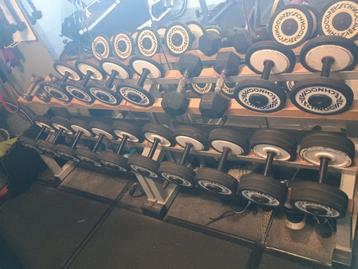 Dumbells technogym (grotendeels) 2-20kg + rekken technogym, Enlèvement