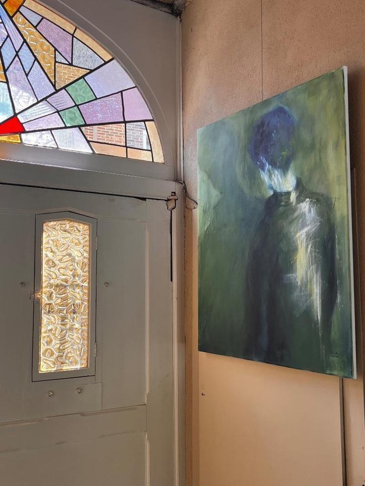 Schilderij groenblauw – Olieverf op doek – Guy in green, Antiek en Kunst, Kunst | Schilderijen | Modern, Ophalen