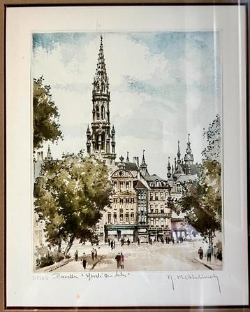 Genummerde en getekende litho Brussel Marché aux Herbes