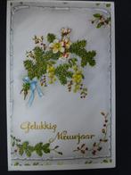oude prentkaart Gelukkig Nieuwjaar bloemen mimosa sixties, Verzamelen, Gelopen, Feest(dag), 1960 tot 1980, Ophalen of Verzenden