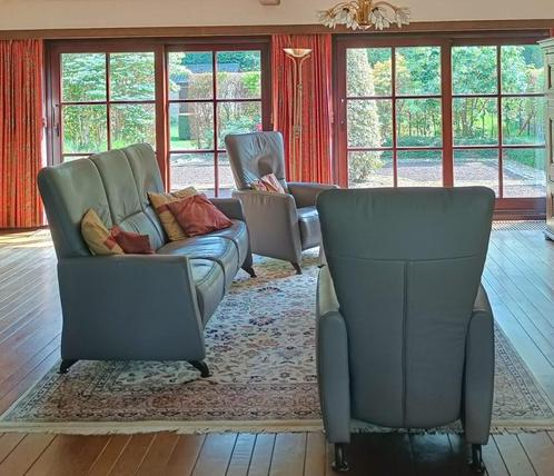 Taupe Lederen Zetel 3-persoons met 2x 1-persoons relax-zetel, Huis en Inrichting, Zetels | Zetels, Zo goed als nieuw, Rechte bank