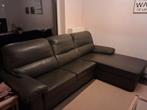 Donkergrijze lederen zetel met longchair, 250 à 300 cm, Banc droit, Comme neuf, Enlèvement