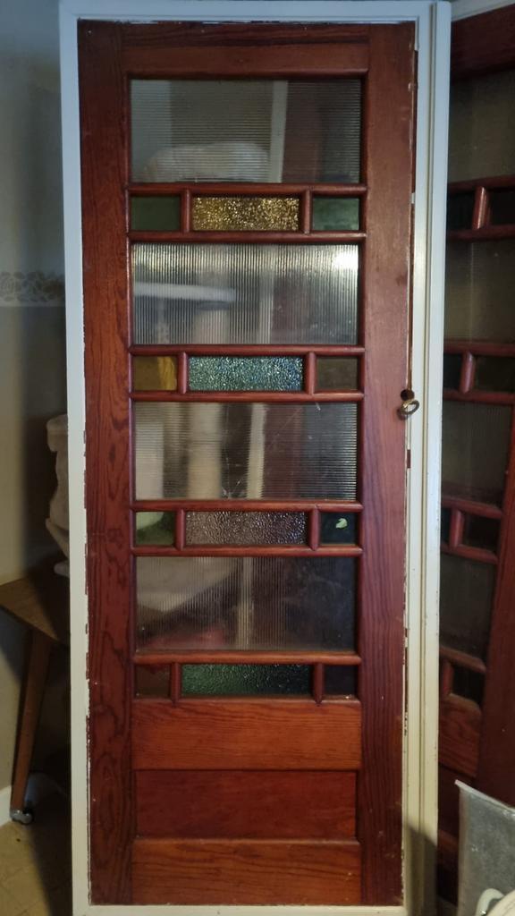 3-luik deuren in Pitch Pine hout met retroglas, Antiek en Kunst, Antiek | Woonaccessoires, Ophalen