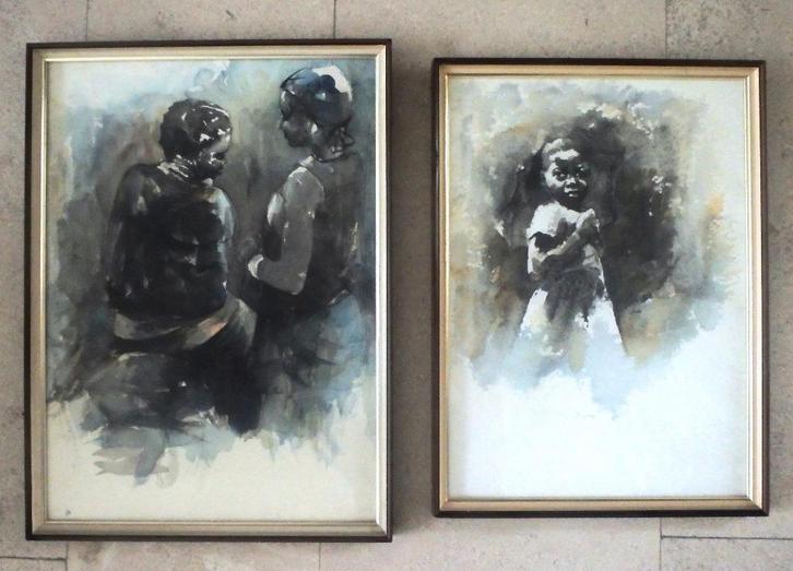 2 aquarelles pour enfants - Kenneth Thabo - Afrique du Sud, Antiquités & Art, Art | Peinture | Classique, Enlèvement ou Envoi