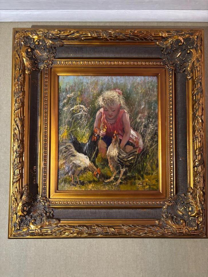 Schilderij -  Kind met kippen, Antiek en Kunst, Kunst | Schilderijen | Klassiek, Ophalen