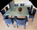 Glazen eettafel met 8 lederen stoelen, Huis en Inrichting, Ophalen, Gebruikt, Modern, 8 stoelen of meer
