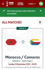GEZOCHT: AFCON Africa Cup 2025 December Marokko Comoren 21, Tickets en Kaartjes, December